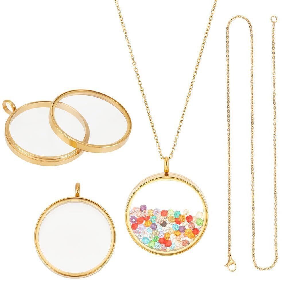 8314 2 Sets 18K Gold Plated Memory Locket Pendants 30mm Stainless Steel